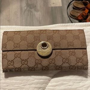 Gucci Brown GG Logo Continental Wallet with Gold-Tone Snap
